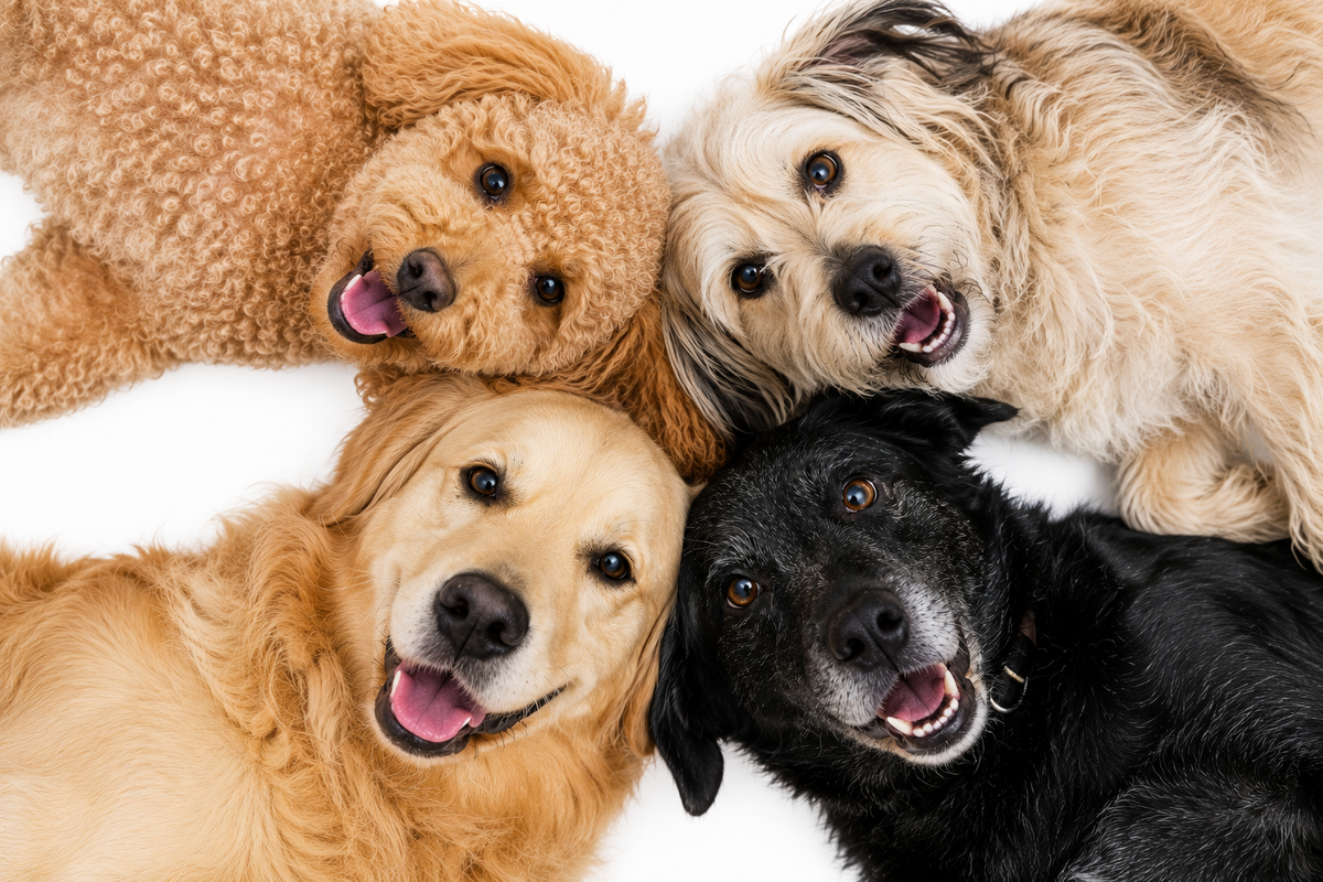 four dogs with different coat types 