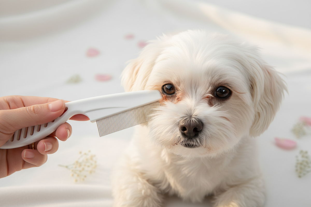 Pet Eye & Tear Stain Comb in use